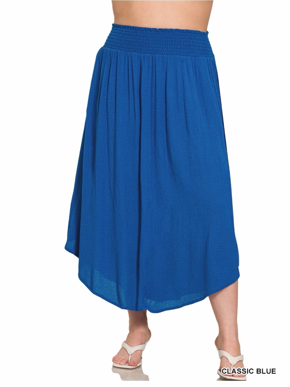 Zenana Outfitters Classic Blue Smocked Midi Skirt